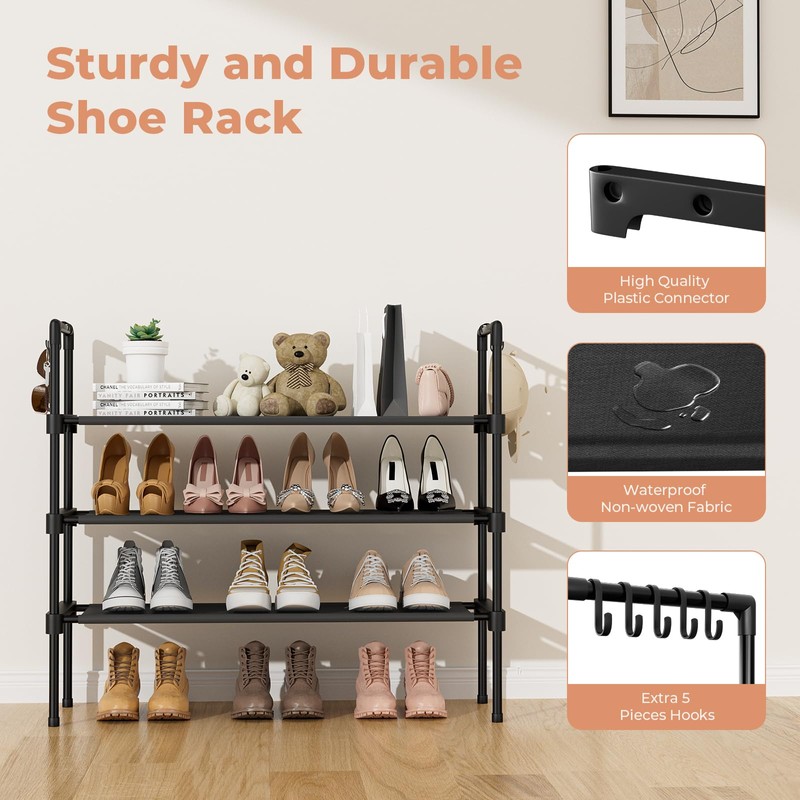 LANTEFUL 3 Tier Shoe Rack with 5 Hooks for Closet,