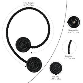 Hangtty Magnetic Curtain Tie Backs 2 Pack Rope Curtain Tiebacks Decorative Curtain Holders for Drapes Window Treatment Holdbacks Home Outdoor Curtain Tiebacks, Black