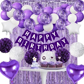 Purple Birthday Decorations for Girls Women,Party Decorations Happy Birthday Decoration with Banner, Balloons, Pompoms, Purple Aluminum Foil Curtain for Bday Engagement Anniversary Party Decor Kit