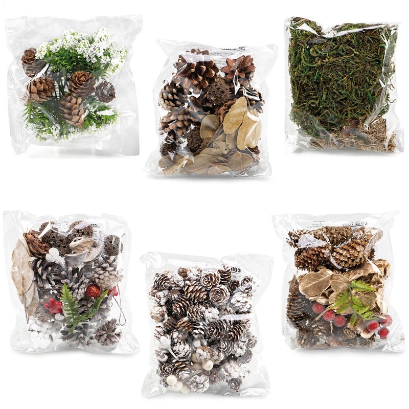 com-four® 6x Christmas decorations in a bag with cones, twigs,