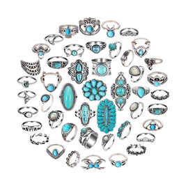 Mixcbe 50 Pcs Western Turquoise Rings Set for Women Vintage Bohemian Stackable Gemstone Rings Boho Joint Knuckle Midi Stacking Rings for women Holiday Gifts