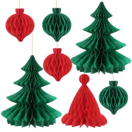 Minicoco Christmas Decorations, 7PCS Reusable Paper Honeycomb Decorations, Xmas Christmas Party Winter Festival New Year Home Party Decoration, Wall Ceiling Door Hanging Decor Supplies