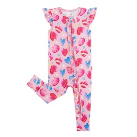 EASWEET Baby Girl Bamboo Viscose Ruffle Romper Zipper Jumpsuit, Footless, Cap Sleeve Infant Clothes, Fantasy Love, 18-24 Months