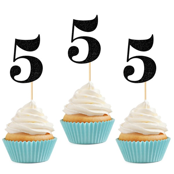 24 piezas de adornos para cupcakes de 5º cumpleaños, número 5, púas de purpurina para tartas de 5º año, aniversario, celebración de quinto año, fiesta de feliz cumpleaños, decoración de magdalenas, color negro