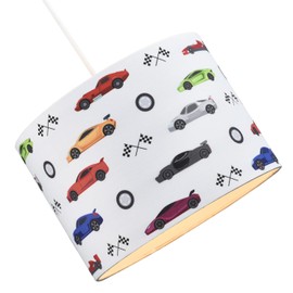 Modern and Colourful Racing Cars Kids Cotton Fabric Round Drum Lamp Shade | 25cm Diameter | 60w Maximum | Inner Cotton Lining by Happy Homewares