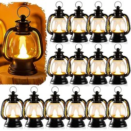 12 mini linternas de Halloween, centros de mesa para mesas con vela de simulación LED, linterna colgante pequeña de 4 pulgadas, linternas decorativas para mesas de centro de boda (amarillo cálido