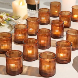 36pcs Amber Votive Candle Holders - Fall Decor, Ribbed Glass Tea Light Candle Holder, Candle Votives for Wedding Centerpiece & Home Decor