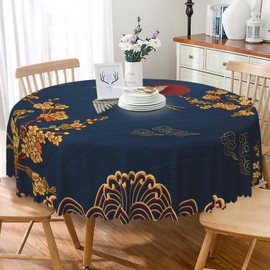 Japanese Style Tablecloth for Round Table 70 Inch Golden Cherry Blossom Crane Fabric Table Cloth Anti-wrinkle Reusable Dark Blue Table Cover for Theme Party Picnic Camping Kitchen Dining Decor