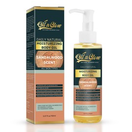 OilnGlow Sandalwood Scented 100% Pure Natural Hydrating Body Oil After Shower with Vitamin E, Coconut, Jojoba, Olive & Sweet Almond Moisturizing Body Oil For Women & Men Dry Skin -5.07 fl oz/150ml