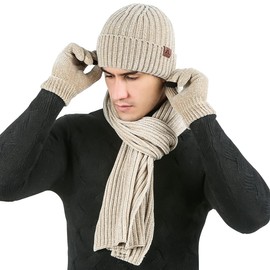 LumiSyne Winter 3 in 1 Scarf Hat Glove Set for Men Women Knitted Beanie Hat Jacquard Solid Color Scarf Touch Screen Gloves