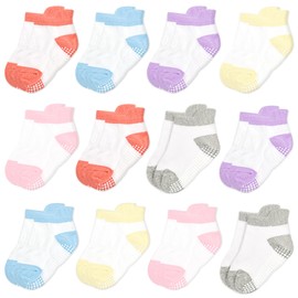 HYCLES Baby Non-Slip Grip Socks Toddler Non-Slip Socks with Grippers Infant Newborn Cotton Ankle Socks for Girls Boys 12 Pairs 0-5 Years, 01#Girl Assemble
