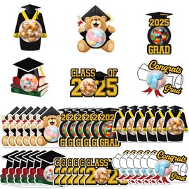 Motiskyy 30 Pack Graduation Candy Favors Class of 2025 Graduation Greeting Cards Bear Cap Tassel Gown with Clear Dome Candy Chocolate Holder for Grad Gift Party Favors(Black)