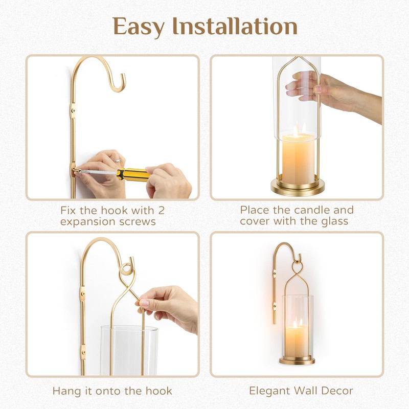 Walasis Gold Candle Sconces Set of 2, with Hurricane Glass