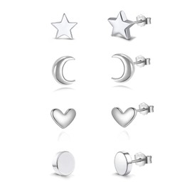 HinDaLi 4 Pairs Silver Stud Earrings Women's Earrings Silver 925 for Women Girls Stud Star Earrings Studs Small Stud Earrings Heart Earrings Women's Silver Round Stud Earrings Moon Earrings Made of