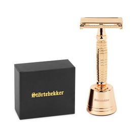 Störtebekker® premium shaving stand "Hamburg" in a set with safety razor "Hamburg", rose gold, high-quality accessories for your bathroom, non-slip base, solid stand, 125 g, gift idea