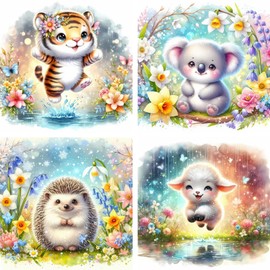 4 Pack Animal Paint by Number for Kids Ages 8-12, DIY Acrylic Watercolor Paint by Numbers Canvas, Easy Tiger Sheep Hedgehog Koala Paint by Numbers, for Home Wall Decoration and Holiday Gifts 8X8 Inch