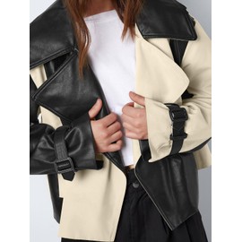 Tankaneo Womens Leather Jacket Fall Casual Oversized Jackets Trendy Color Block Motorcycle Cropped Coat