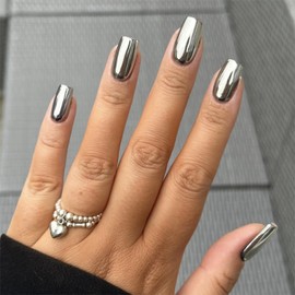 Sliver Chrome Press On Nails medium Square False Nails Glossy Metal Fake Nails Mirror Plating Full Cover False Nails Natural Acrylic Nails Reusable Stick on Nails for Women Girls Nail Decor 24Pcs