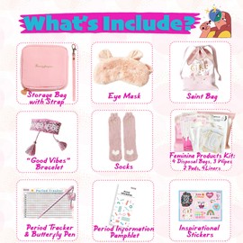 First Period kit for Girls | 22 PC Period Packs for Young Girls First Time | First Period Gift for Teen Girls with Sanitary Pad Storage Bag, Wipes, Bracelet, Eye Mask, Socks and More(Pink)