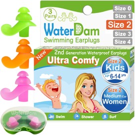 WaterDam Swimming Ear Plugs Great Waterproof Ultra Comfy Earplugs Prevent Swimmer's Ear(Size 2+2+2: Kids Teens Medium Ear Women Small Ear Men (Green Orange Pink))