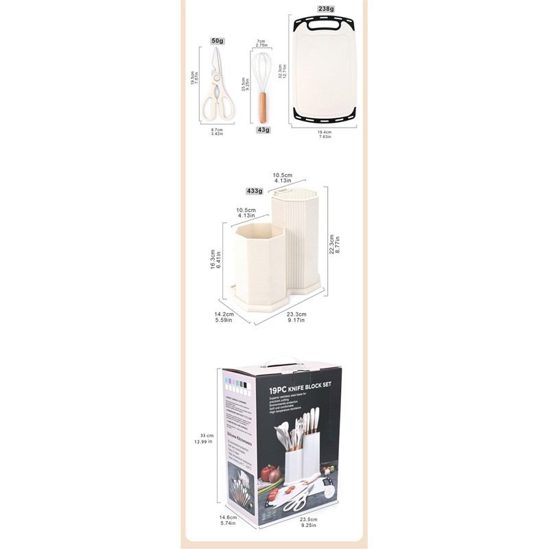 Kitchen Cooking Utensils and Knife Set with Holder Block, 19