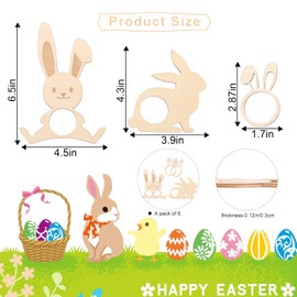 Bunny Napkin Rings - Wood Easter Table Setting Decorations, Spring Rabbit Decors Set of 6, Easter Dinner Party Supply, Wood Tableware Napkin Holders