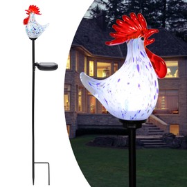 Afirst Decorative Solar Lights Outdoor Solar Rooster Stake Lights Hand Blown Glass Decorative Garden Pathway Lights Outdoor Waterproof Glass Stakes