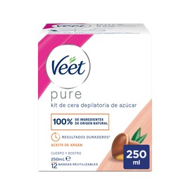 Veet Tarro Cera Depilatoria con Aceite de Argán para Todo Tipo de Pieles – Cuerpo y Rostro - 250 ml con Bandas de Tela Reutilizables
