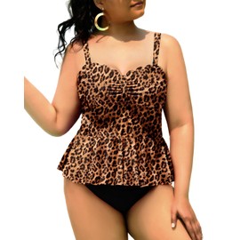 Yonique Women Plus Size 2 Piece Tankini Swimsuits Ruched Bathing Suits Peplum Swimwear Scalloped Swimsuits Brown Leopard 22 Plus