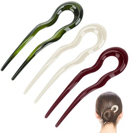 3Pcs U Shaped Hair Pins - Wavy U-shaped Hairpin for Women, Invisible Bobby Pins for Fine Hair, No Slip Hairpins for Bun, Updo, Wedding (White, Dark Green, Burgundy)