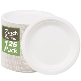WELLIFE 100% Compostable Paper Plates 7 Inch, 125-Pack Heavy Duty Paper Plates Bulk,Biodegradable Bagasse,Eco-Friendly Disposable Dessert Plates for BBQ,Picnic,Party (BPI Certified,Microwaveable)