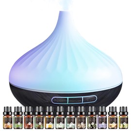Aromatherapy Diffuser & 12 Essential Oils Set, 500 ML Ultrasonic Diffuser for Home, Cool Mist Humidifier with 14 Colour Changes, Timer and Auto-Off Function