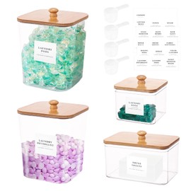4 Pack Laundry Pods Container,Clear Dryer Sheet Holder & Laundry Room Organization and Storage with Lids, Scoops & Labels for Laundry Detergent, Powder, Dryer Balls, Beads (Clear)
