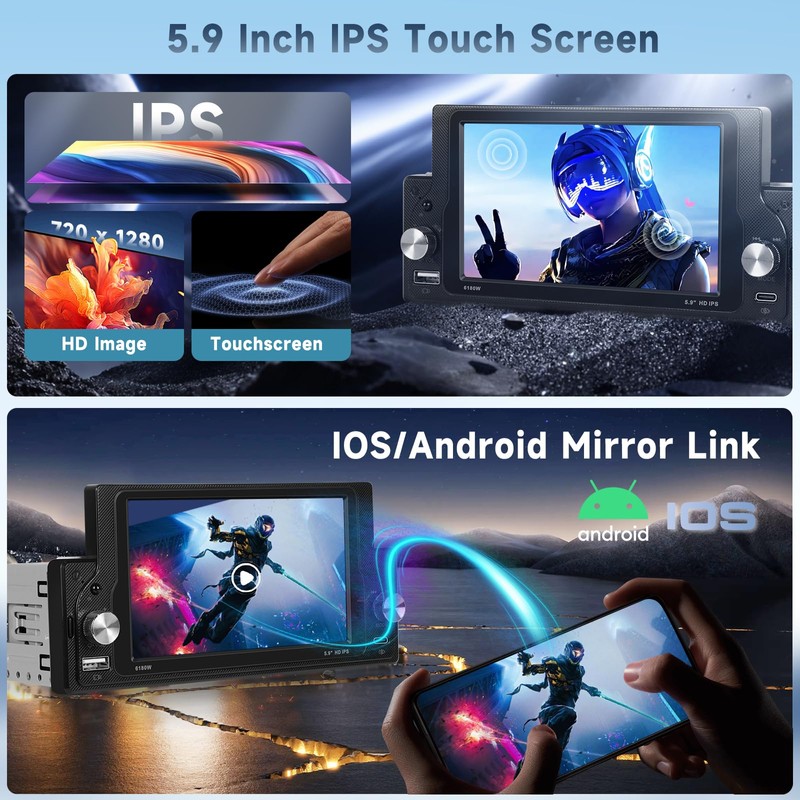 Single Din Car Stereo Wireless CarPlay/Android Auto, 5.9" HD IPS