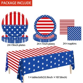 American Flag Party Decorations Patriotic Party Tableware 4th of July Plates Napkins and Tablecloth Serve 24 Independence Day Party Supplies Memorial Day Decor