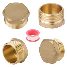 4pcs Brass Faucet Cap, 3/4in Garden Hose Caps Female Water Hose End Caps with Thread Seal Tape Male Pipe Plug Socket Irrigation Plug Water Stopper Cap Adaptors for Garden Tube Outdoor Taps