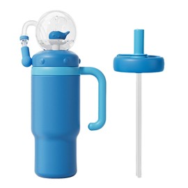 VICSPORT Drinking Cup with Whale Squirt, Stainless Steel Whale Fountain Tumbler, Whales Spray Straw Sippy Cups Water Bottle with Two Lids 24oz for Kids Adult, Blue