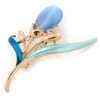 Light Blue/Teal Enamel Cat's Eye Stone Flower Brooch In Gold