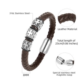 CaptainSteeL Bracelet for men-Leather Stainless Steel Black/Brown Braided Chain,Braided Leather Mens Bracelet 7.5/8.5/9in