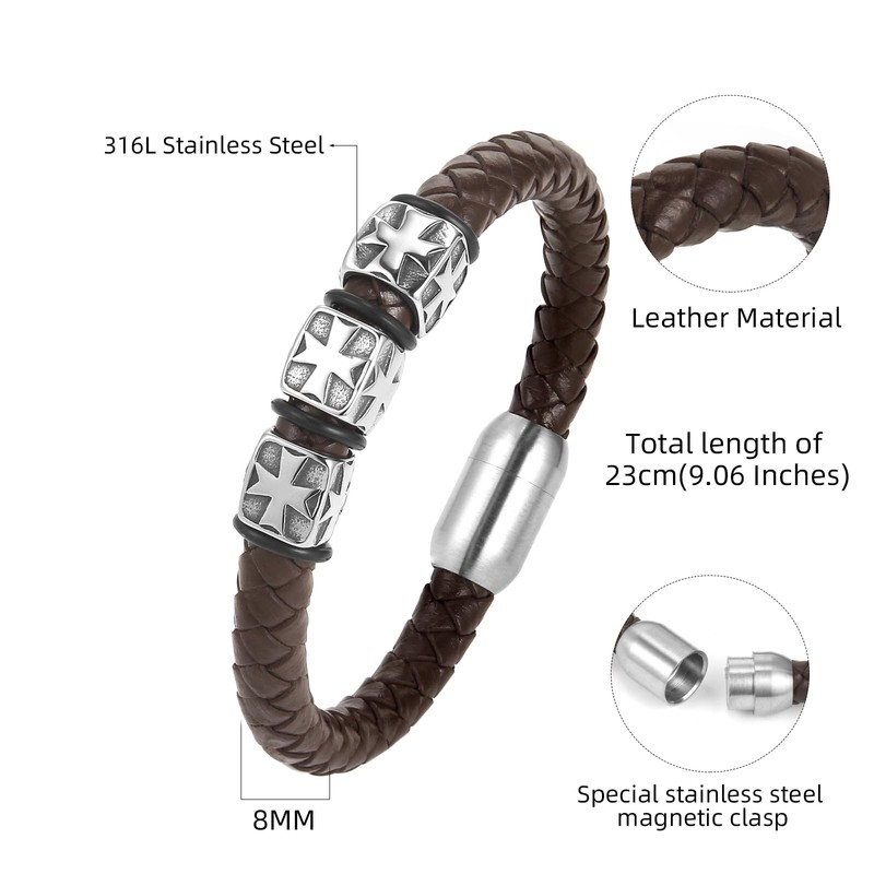 CaptainSteeL Bracelet for men-Leather Stainless Steel Black/Brown Braided Chain,Braided Leather