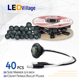 Ledvillage 20 Pcs 3/4 Inch Side Marker Smoked Lens Amber Light with Connector and 2 Prong Harness Roll Female Plugs (20 Counts) Indicator Light, Clearance Light for Truck Trailer Pickup