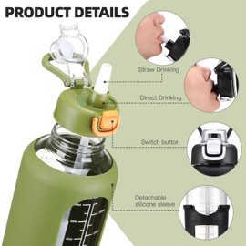 chunmo 64 oz Glass Water Bolttles with Straw Half Gallon Large Motivational Water Bottle with Time Marker Sports Water Bottles with Silicone Sleeve and Handle Lid Water Jug for Gym Workout