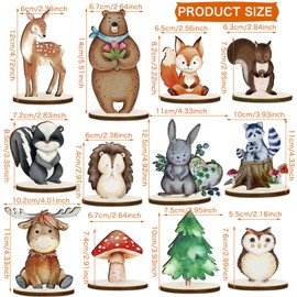 Wooden Forest Animals Decorative Ornaments, Pack of 12 Wooden Table Decorations with Wooden Base, Cute Forest Animals Ornaments, Cake Decoration Jungle, Table Toppers for Forest Camp for Children's Birthday Decoration
