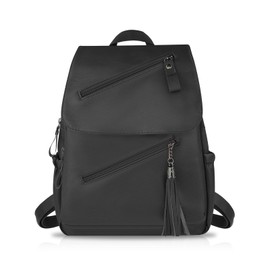 FuninCrea Womens Backpack Leather Casual Daypacks Medium with 5 Zippered Pockets, Women's Fashion Backpacks Flap Design Ladies Backpacks Waterproof Travel Backpack for Work College (Style 1, Black)