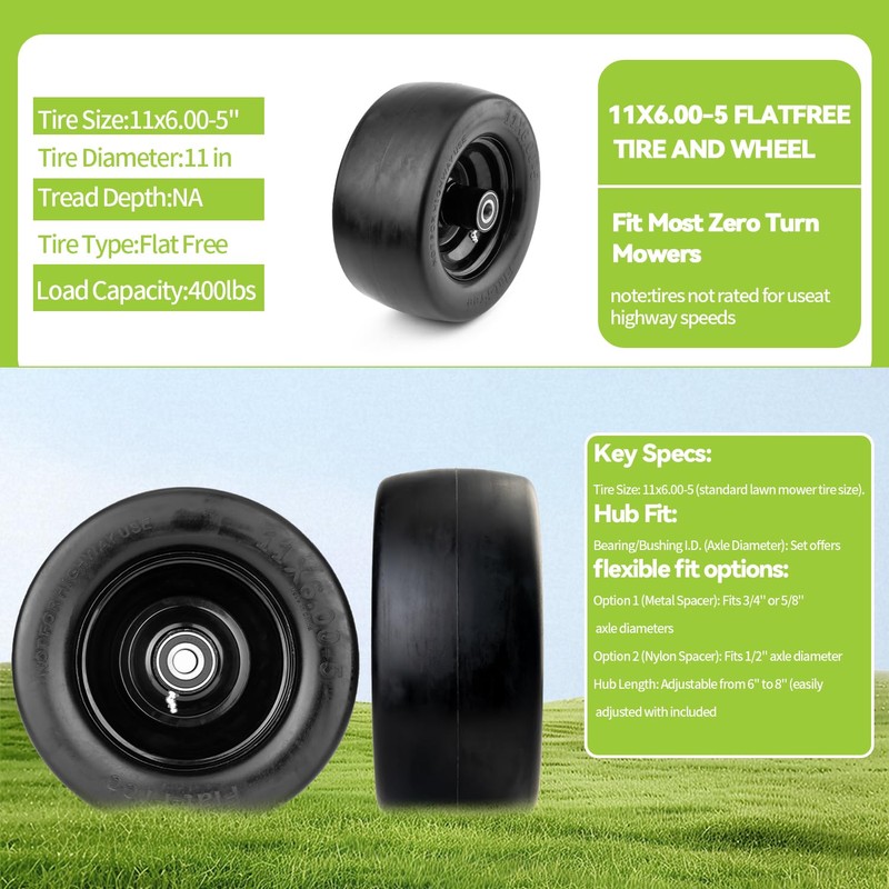 11x6.00-5 Flat Free Tire,with 3/4" or 5/8" and 1/2" Bearings,