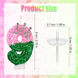 Pink and Green Birthday Witch Candle, Pink and Green Sequin Number Candle with Rhinestone Crown Embellishment for Birthday Party Wedding Anniversary Decor(Number 9)