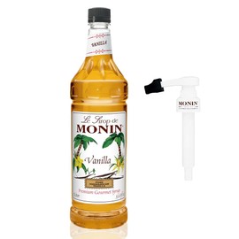 Monin - Vanilla Syrup with Monin BPA Free Pump, Boxed, Versatile Flavor, Great for Coffee, Shakes, and Cocktails, Gluten-Free, Non-GMO (1 Liter)