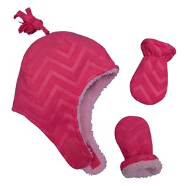 N’Ice Caps Toddler Baby Winter Hat Mitten Set – Kids Boys Girls Gloves Fleece Sherpa Lined (12-18 Months, Fuchsia/Embossed Chevron Print Infant)