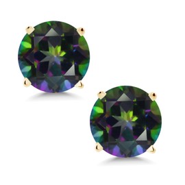 Gem Stone King 14K Yellow Gold Green Mystic Topaz Stud Earrings For Women Men (2.00 Cttw, Gemstone Birthstone, Round 6MM)