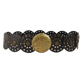 LSFYSZD Women Vintage Personality Disc Belt Hollow-Out Metal PU Leather Waistband Jeans Dress Sweater Decorative Adjustable Belt (Gold, 106cm)